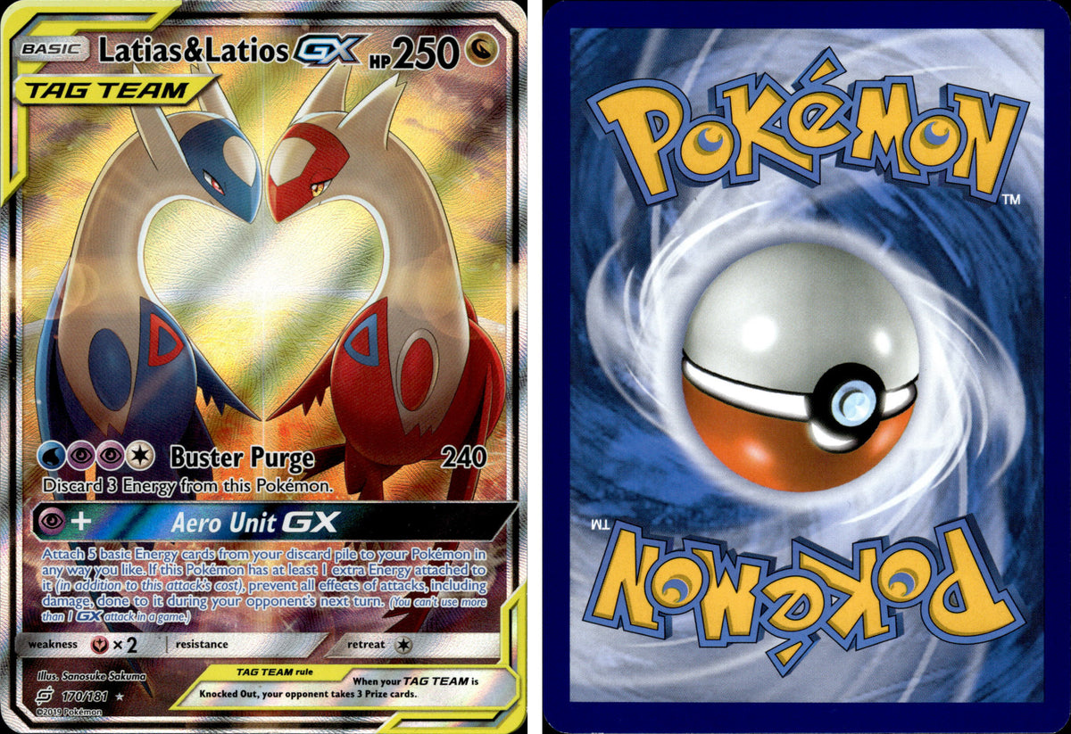 Latias & Latios GX (Alternate Full Art) – forside og bakside (skannet)