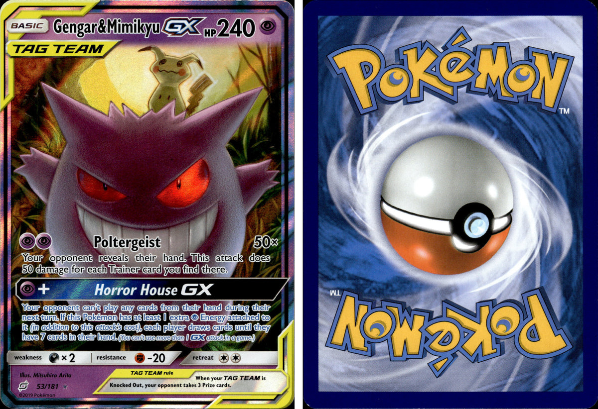 Gengar & Mimikyu GX – forside og bakside (skannet)
